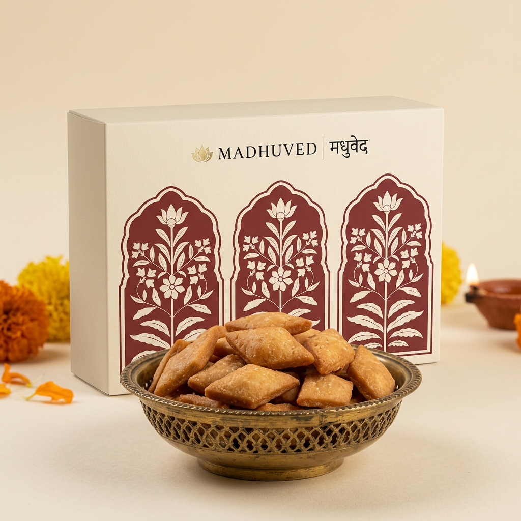 AI-generated angled Shankarpali bowl and branded box