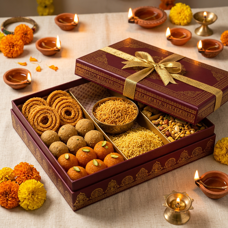 Maroon and gold Diwali hamper box with butter chakli, besan and motichoor ladoos, bhujia, sev and namkeen mix, surrounded by diyas and marigolds