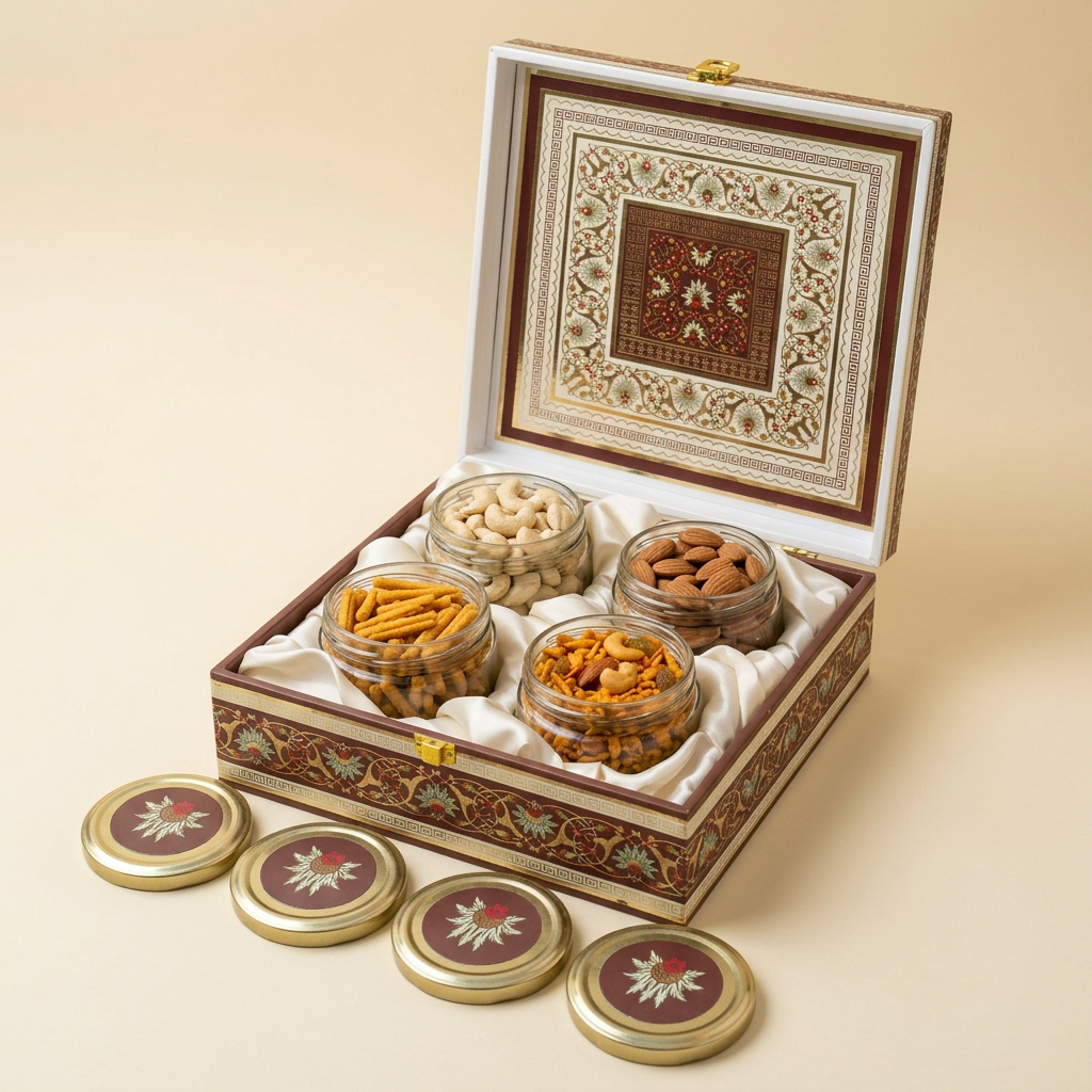 Open dry fruit and namkeen gift hamper with four jars of kaju, almonds, chakli and chivda
