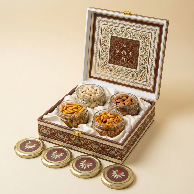 Open dry fruit and namkeen gift hamper with four jars of kaju, almonds, chakli and chivda