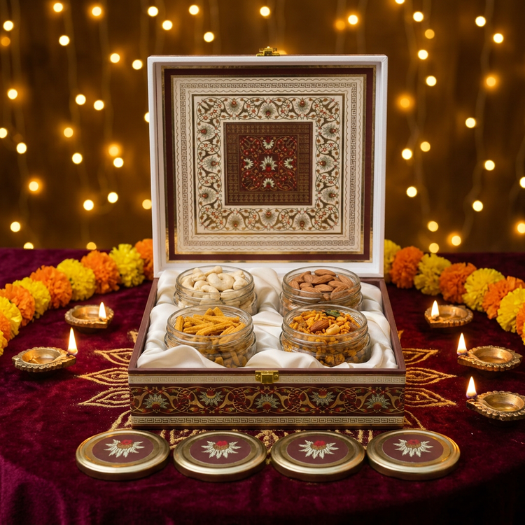 Madhuved Diwali hamper with kaju, almonds, chakli sticks and masala chivda, styled with diyas and marigolds