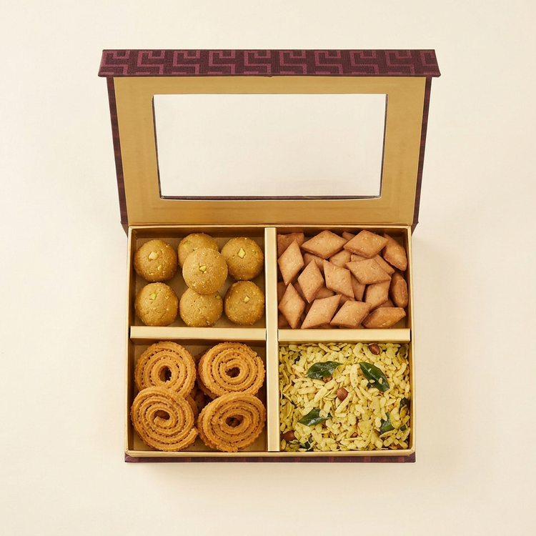 AI-generated overhead view of the four-snack hamper
