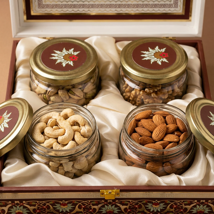 Close-up of dry fruits and satin-lined gift packaging