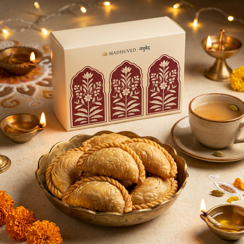 AI-generated Pure Ghee Karanji tea-time setting