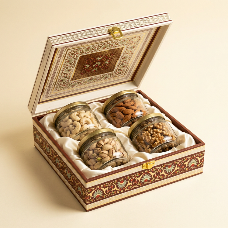 Madhuved dry fruit hamper with four jars in an ornate open gift box