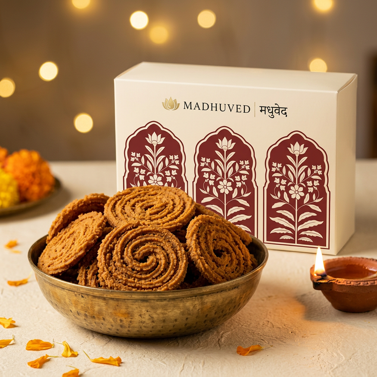 AI-generated Bhajani Chakli in a brass bowl with branded box and Diwali decor