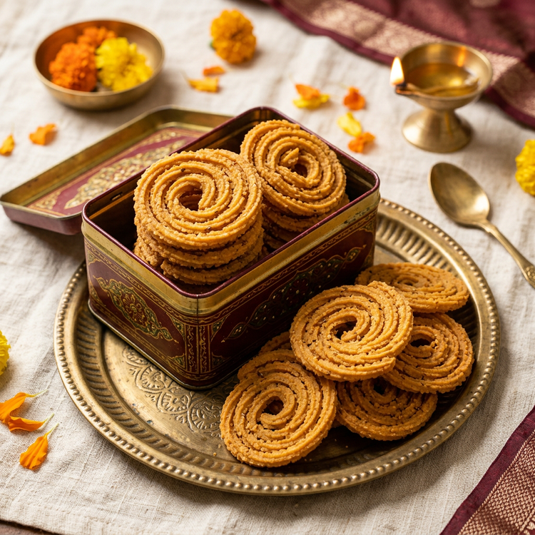Golden butter chakli spirals in a maroon and gold tin