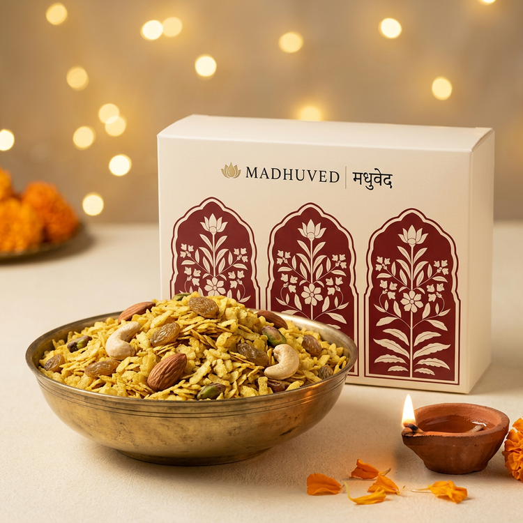 AI-generated Masala Chivda with Dry Fruits in a bowl with branded box and Diwali decor
