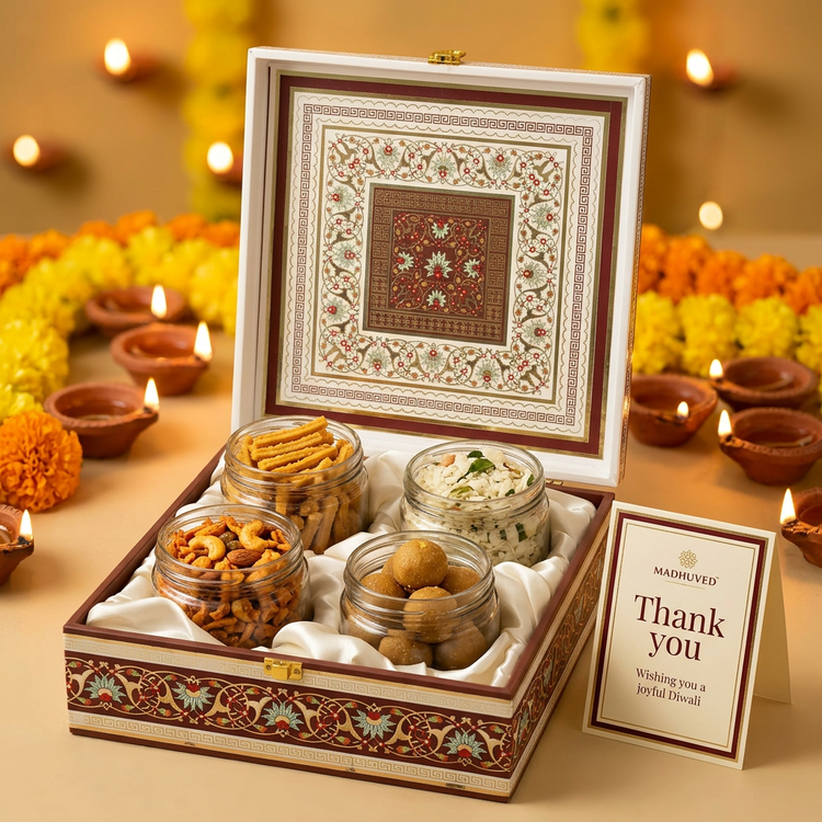 Madhuved snack hamper with a branded Diwali thank-you card