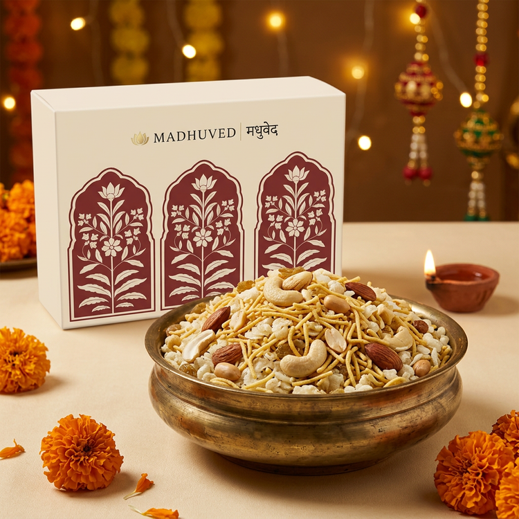 AI-generated White Chivda with Sev and Nuts in a bowl with branded box and Diwali decor