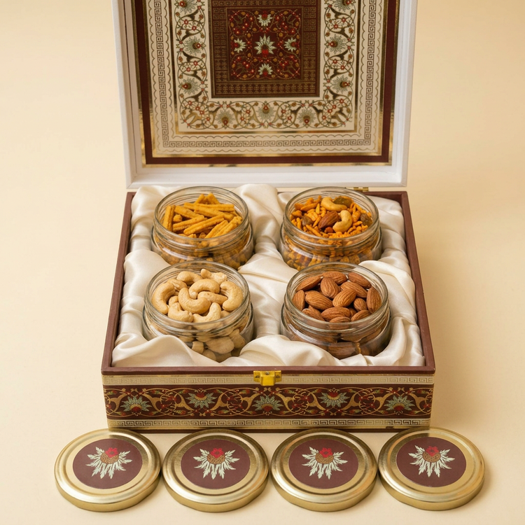 Close-up of cashews, almonds, chakli sticks and masala chivda in the gift box