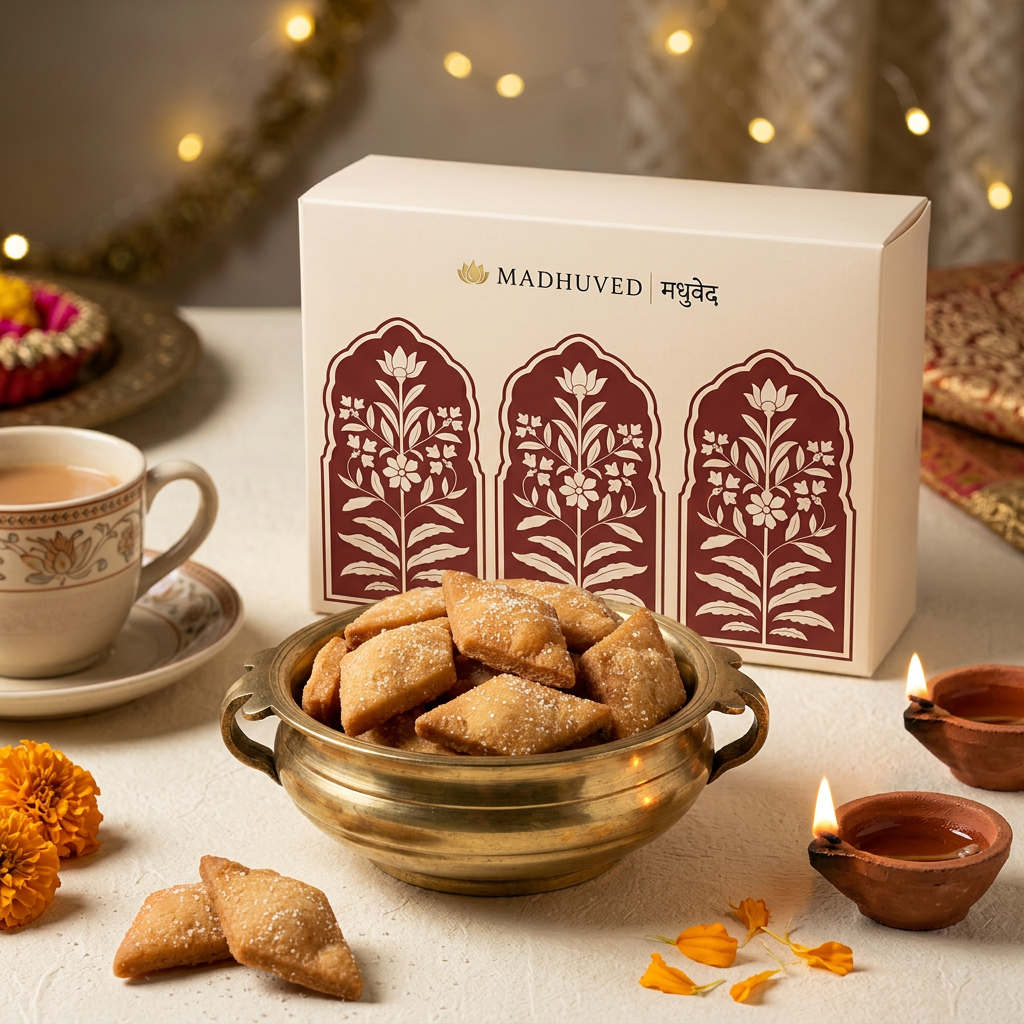 AI-generated Shankarpali Diwali tea-time setting