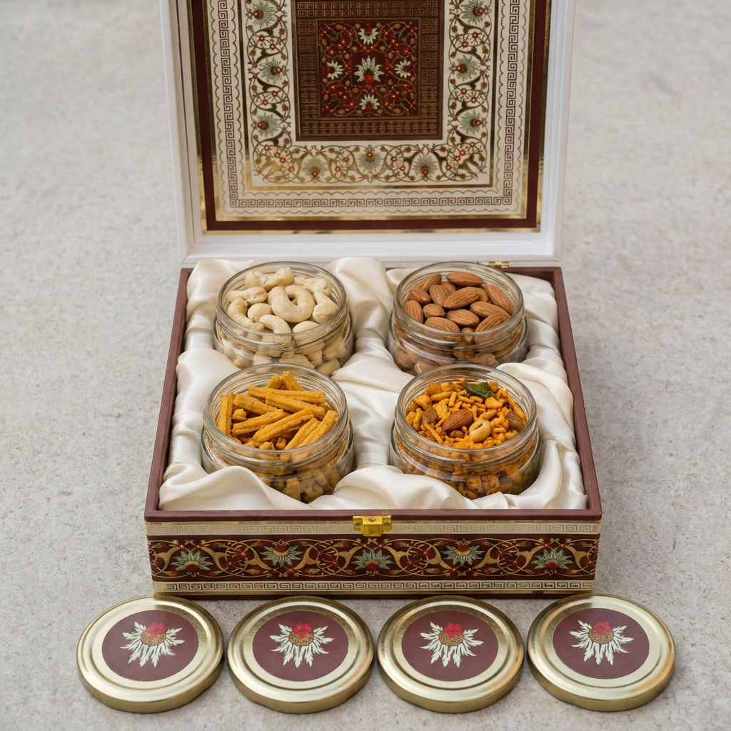 Front view of the hamper with kaju, almonds, chakli sticks and masala chivda jars uncovered