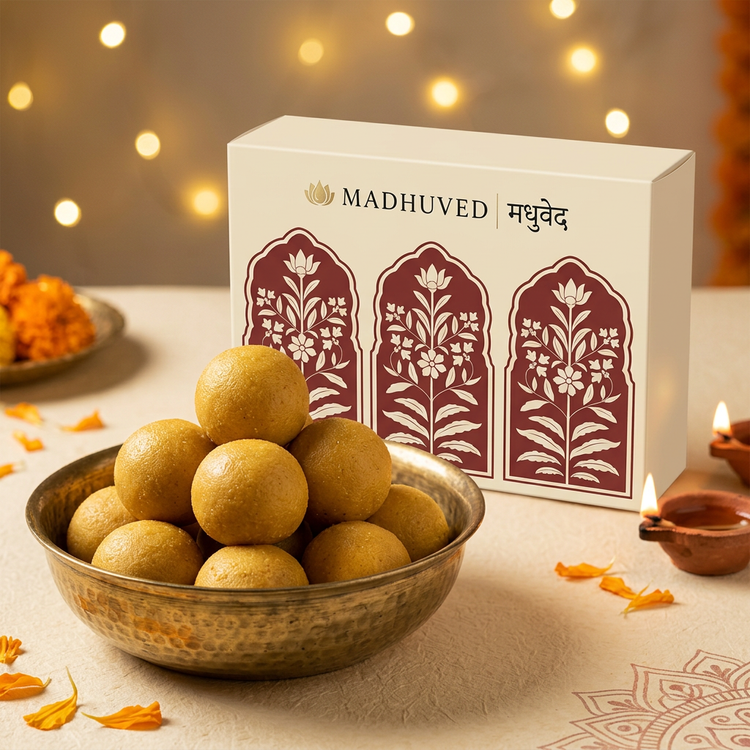 AI-generated Besan Ladoo with branded box and Diwali styling