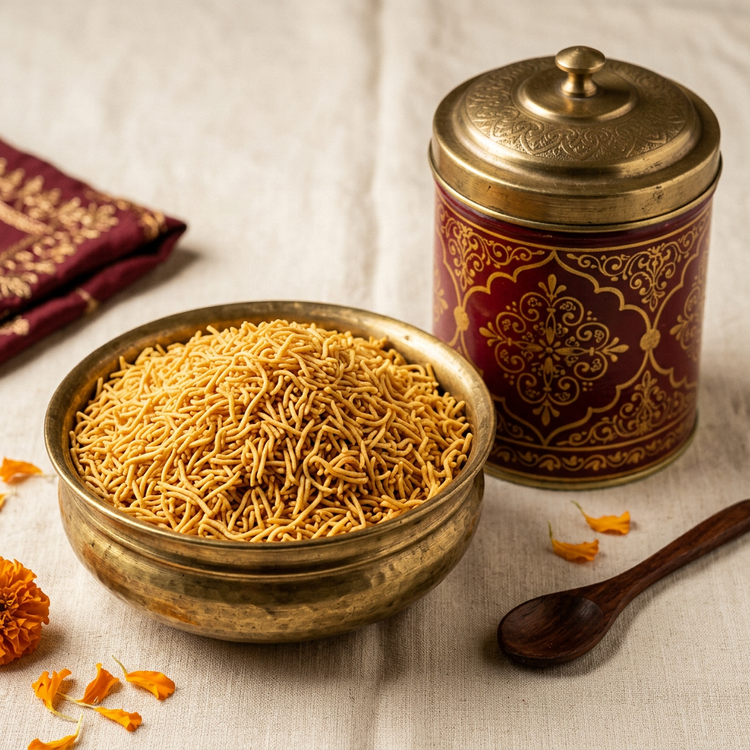 Golden Bikaneri bhujia in a brass bowl beside a maroon and gold tin