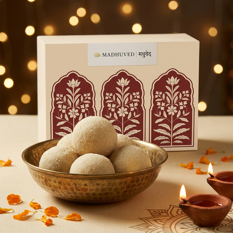 AI-generated Rava Ladoo with branded box and Diwali decor