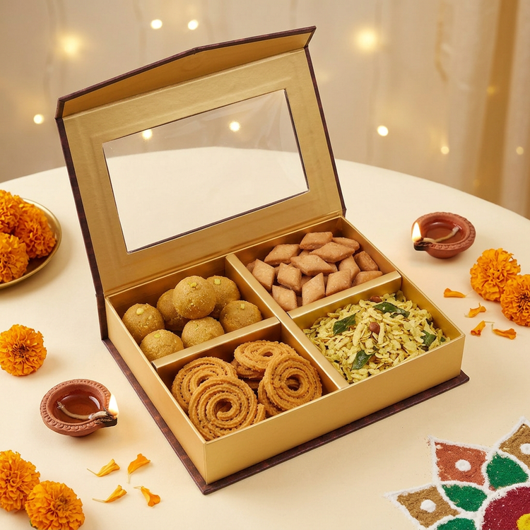 AI-generated hamper in a Diwali setting with diyas and marigolds