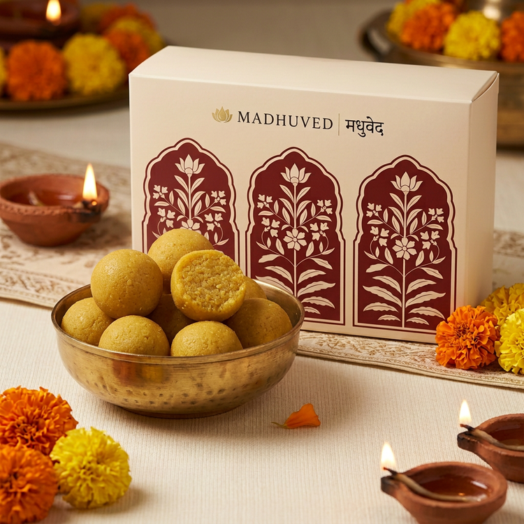 AI-generated golden-yellow Moong Dal Ladoo side view