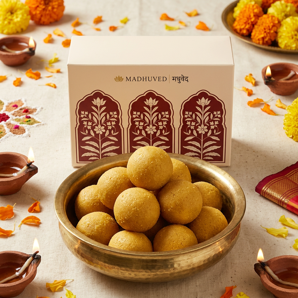 AI-generated Besan Ladoo overhead view