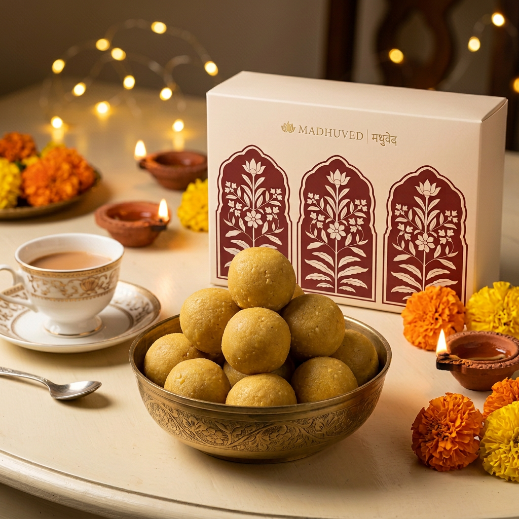 AI-generated golden-yellow Moong Dal Ladoo tea-time setting