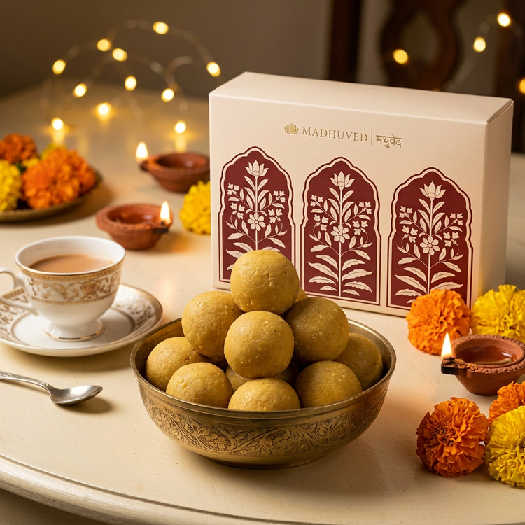 AI-generated golden-yellow Moong Dal Ladoo tea-time setting