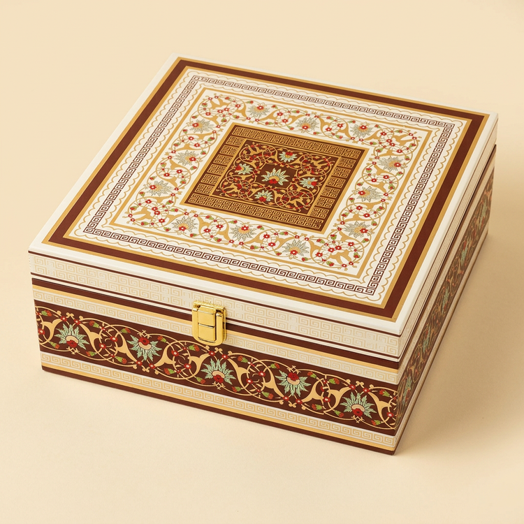 Closed ivory burgundy and gold floral gift box