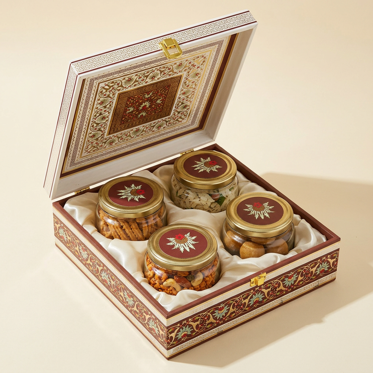 Open snack gift hamper with four jars of chakli, chivda and besan ladoo