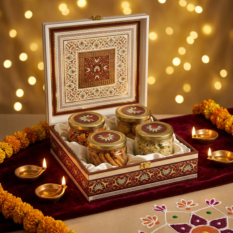 Madhuved Diwali snack hamper with chakli, chivda and besan ladoo, styled with diyas and marigolds