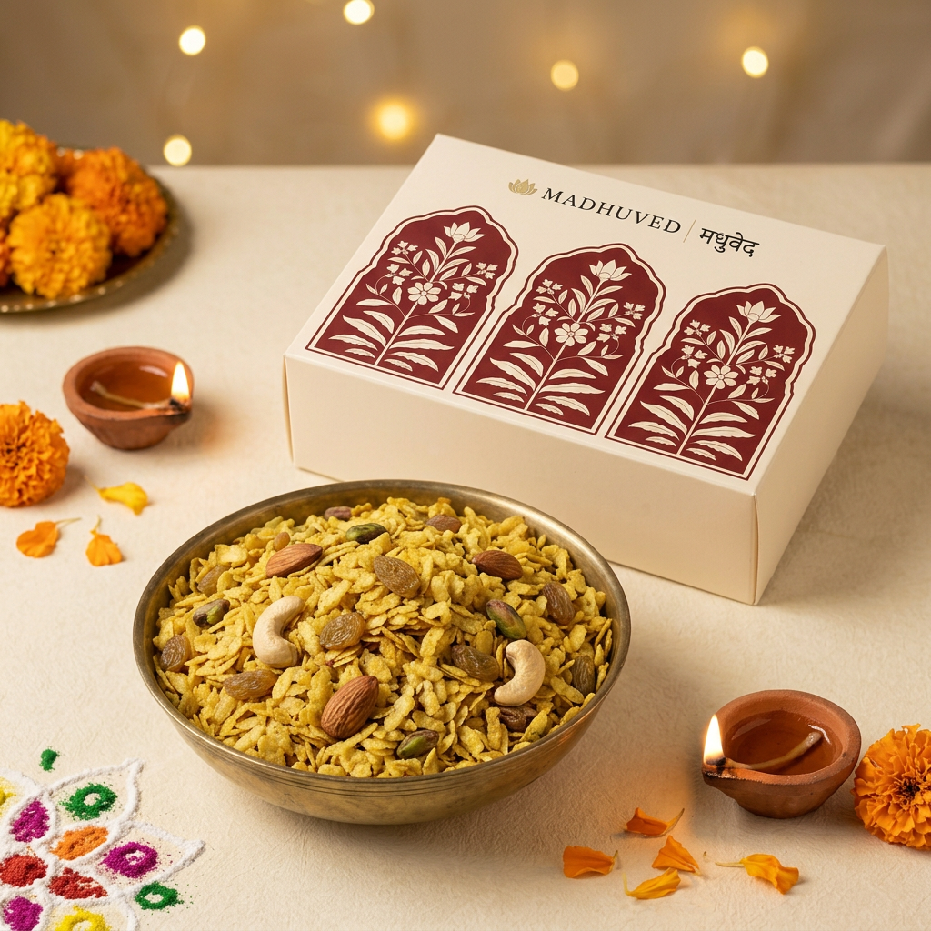 AI-generated overhead Masala Chivda Diwali view