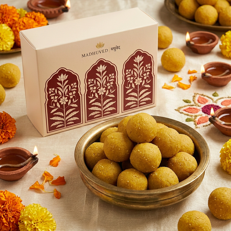 AI-generated golden-yellow Moong Dal Ladoo overhead