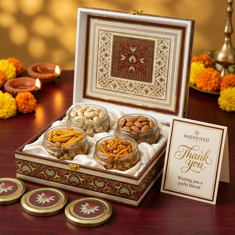 Madhuved dry fruit and namkeen hamper with a branded Diwali thank-you card