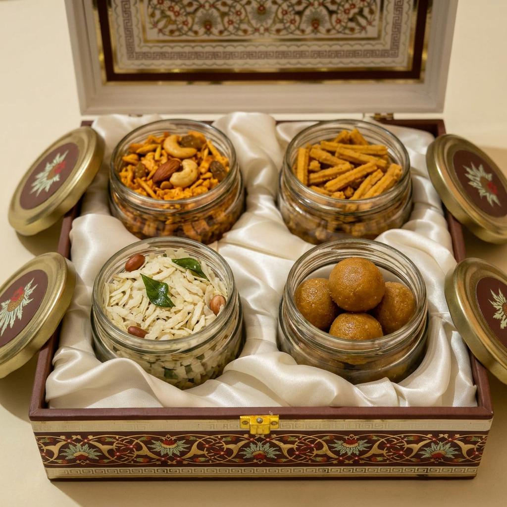 Close-up of chakli sticks, chivda and pure ghee besan ladoo jars in the hamper