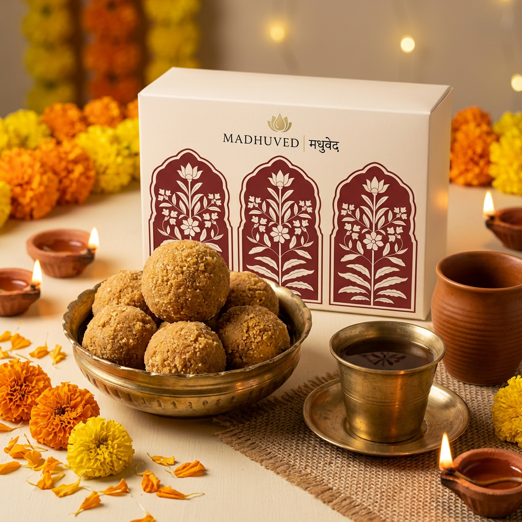 AI-generated Besan Ladoo tea-time setting