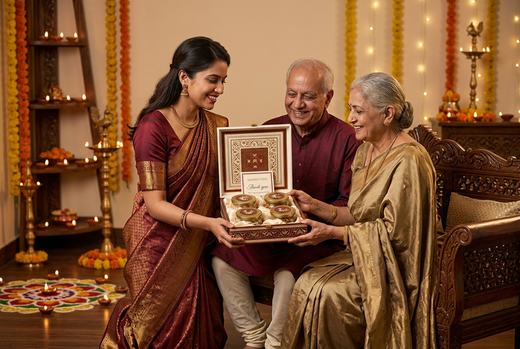 A woman in a maroon saree presenting a Madhuved hamper to her smiling parents in a diya-lit living room