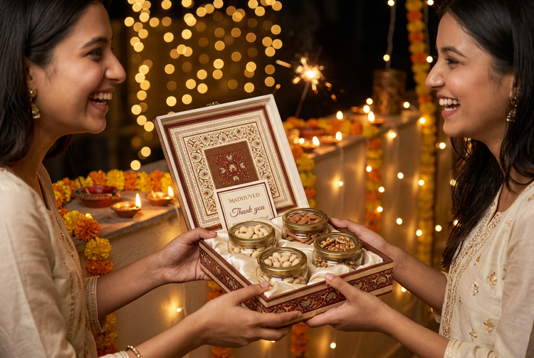 Two friends laughing as they exchange an open Madhuved dry fruit hamper beside glowing diyas