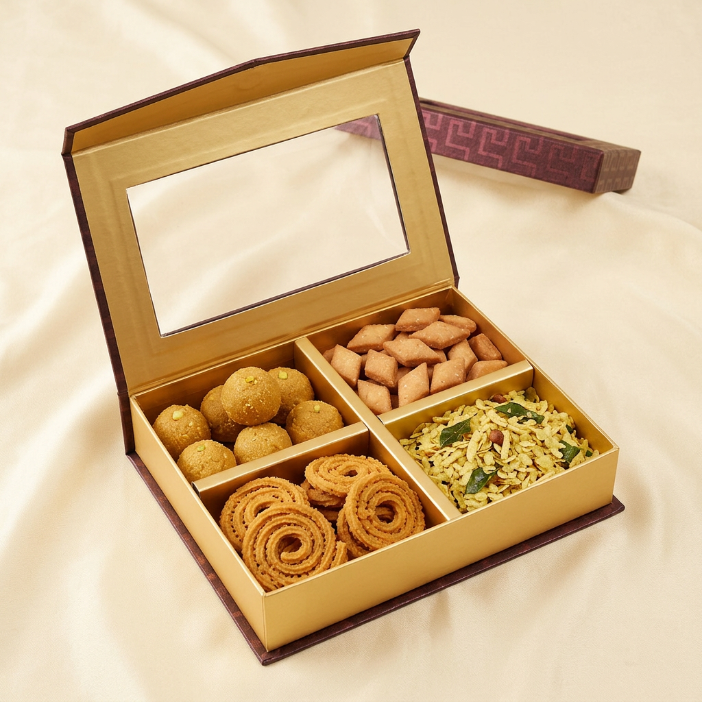 Madhuved hamper with ladoo, shankarpali, chakli and chivda