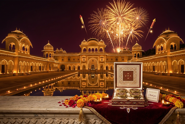 An illuminated royal Indian palace with golden Diwali fireworks above and a Madhuved dry fruit hamper on a maroon velvet ledge with diyas and marigolds