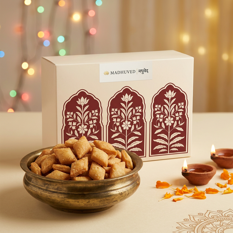 Madhuved shankarpali in a brass bowl with branded box and Diwali styling