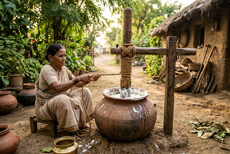 Bilona churning: a wooden churner turning curd in a large clay pot