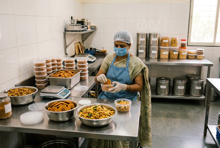 A woman in cap, mask and gloves packing chakli in a clean steel kitchen